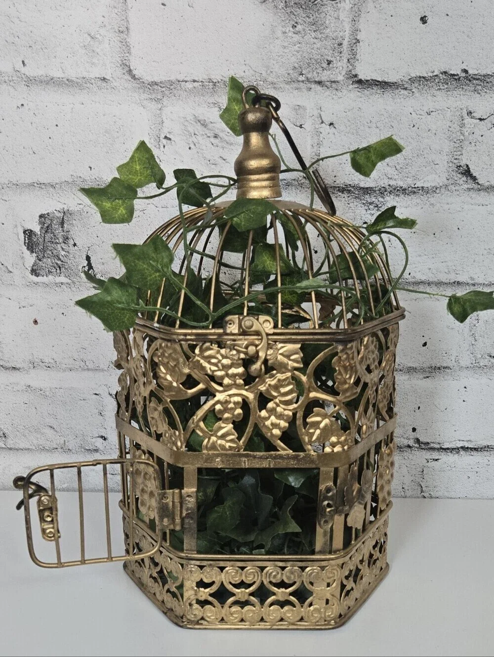 Vintage Gold Bird Cage Grapevine Filigree Cottagecore Hanging Decor